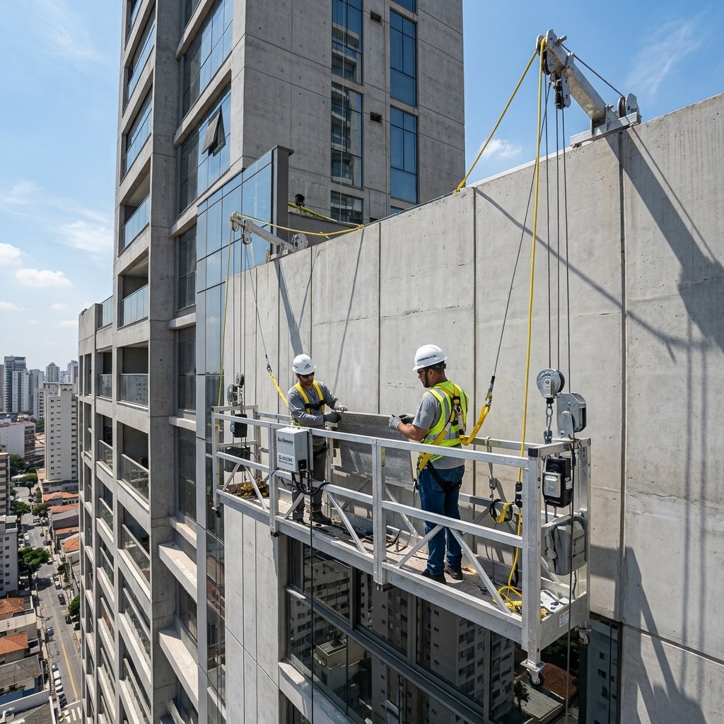 Balancim elétrico suspenso montado na fachada de um edifício comercial moderno